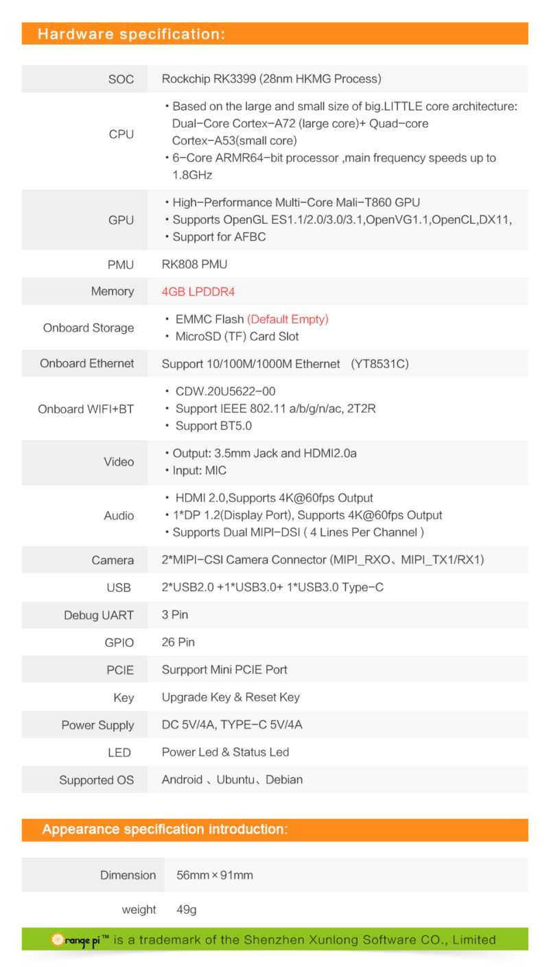 Orange Pi 4 LTS 4GB de Ram c/ Wifi + Bluetooth