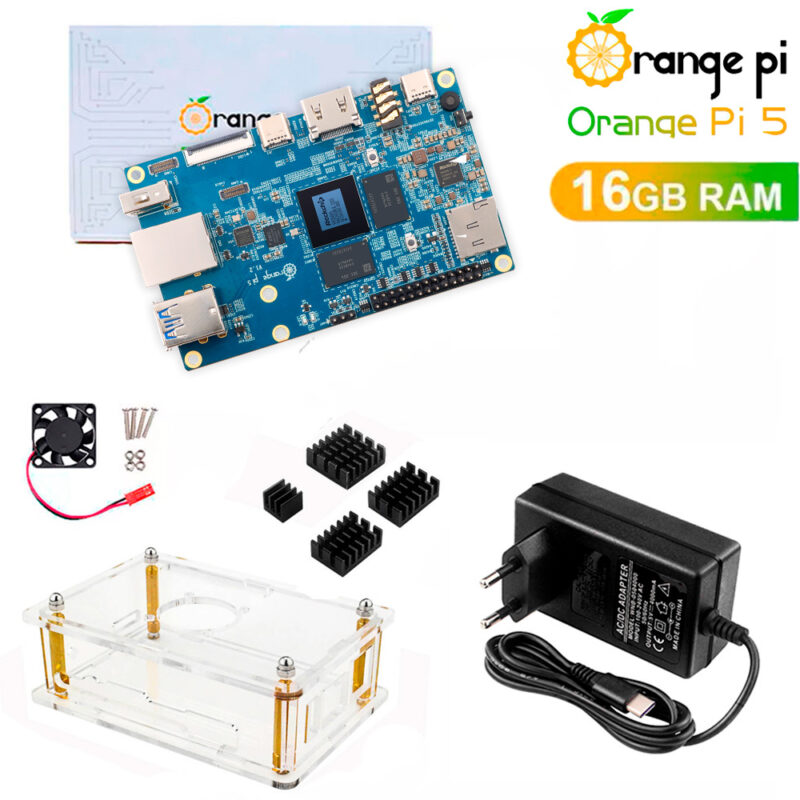 Kit Orange Pi 5 c/ 16GB de RAM + Case + Fonte + Cooler e Dissipadores Kit Orange Pi 5 c/ 16GB de RAM + Case + Fonte + Cooler e Dissipadores