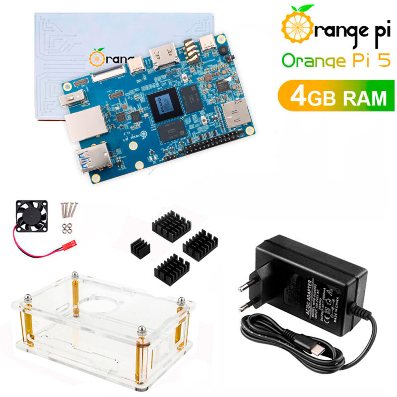 Kit Orange Pi 5 c/ 4GB de RAM + Case + Fonte + Cooler e Dissipadores Kit Orange Pi 5 c/ 4GB de RAM + Case + Fonte + Cooler e Dissipadores