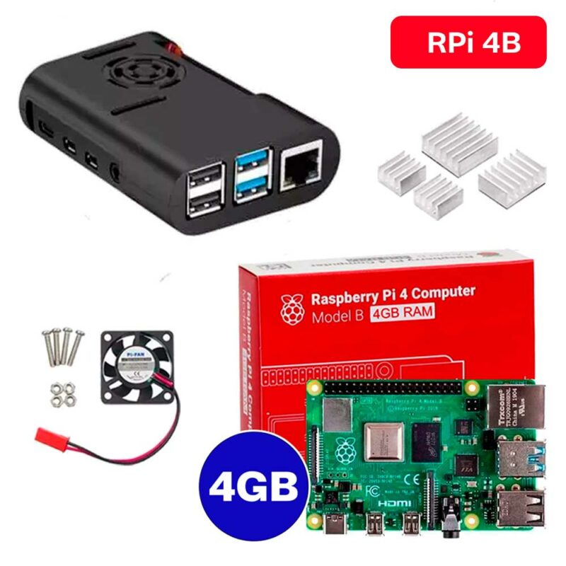 Raspberry Pi 4 4GB + Case + Cooler + Dissipadores