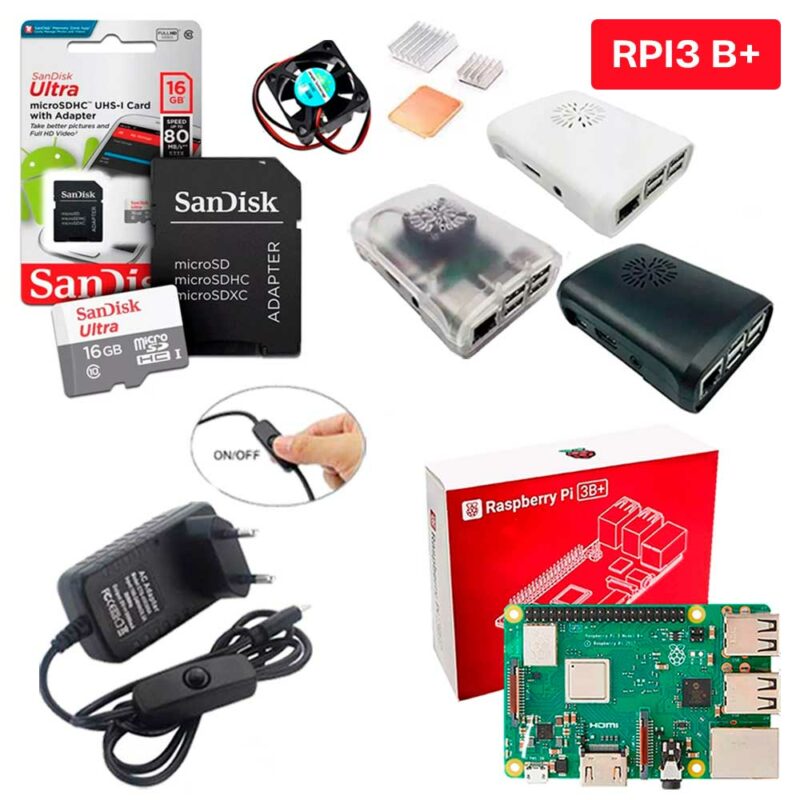 Kit Raspberry Pi 3 Model B+(Plus) c/ Case, Fonte, Cooler, Dissipadores + 16GB Kit Raspberry Pi 3 Model B+(Plus) c/ Case, Fonte, Cooler, Dissipadores + 16GB