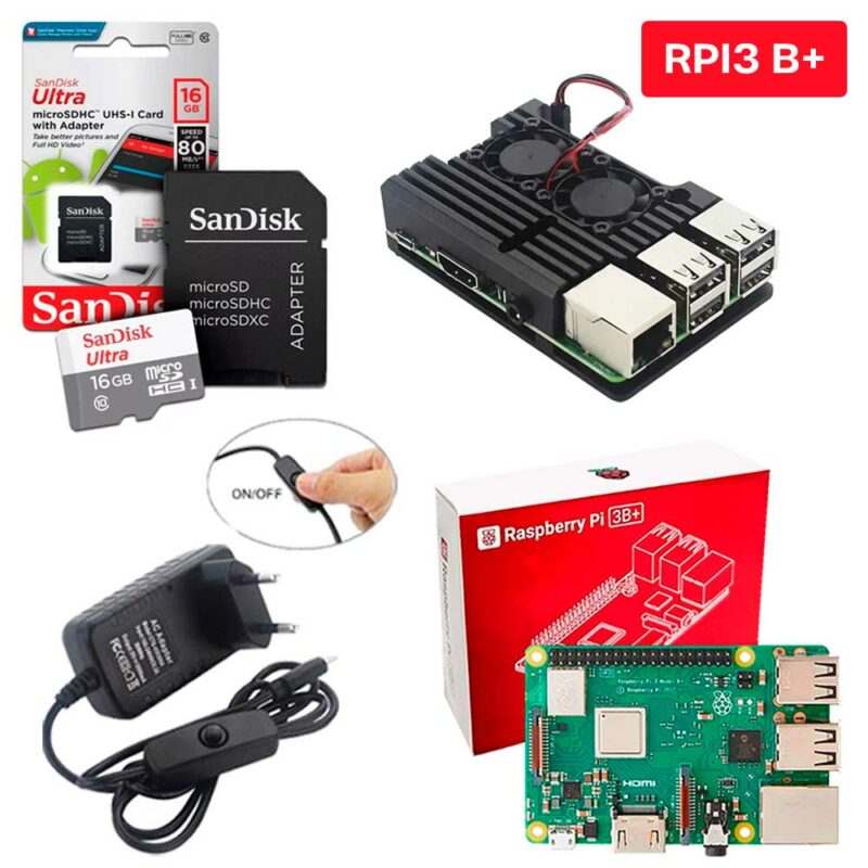 Kit Raspberry Pi 3 Model B+(Plus) c/ Case, Fonte, Cooler, Dissipadores + 16GB Kit Raspberry Pi 3 Model B+(Plus) c/ Case, Fonte, Cooler, Dissipadores + 16GB