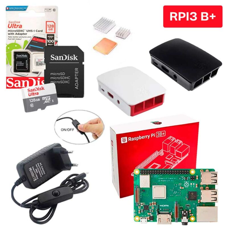Kit Raspberry Pi 3 Model B+(Plus) c/ Case, Fonte, Cooler, Dissipadores + 128GB