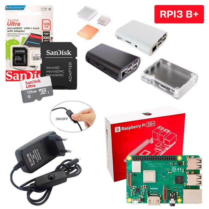 Kit Raspberry Pi 3 Model B+(Plus) c/ Case, Fonte, Cooler, Dissipadores + 128GB
