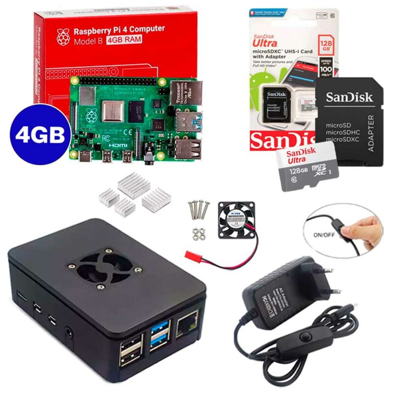 Kit Raspberry Pi 4 8GB c/ Case, Cooler, Fonte, Dissipadores + 128GB Kit Raspberry Pi 4 8GB c/ Case, Cooler, Fonte, Dissipadores + 128GB