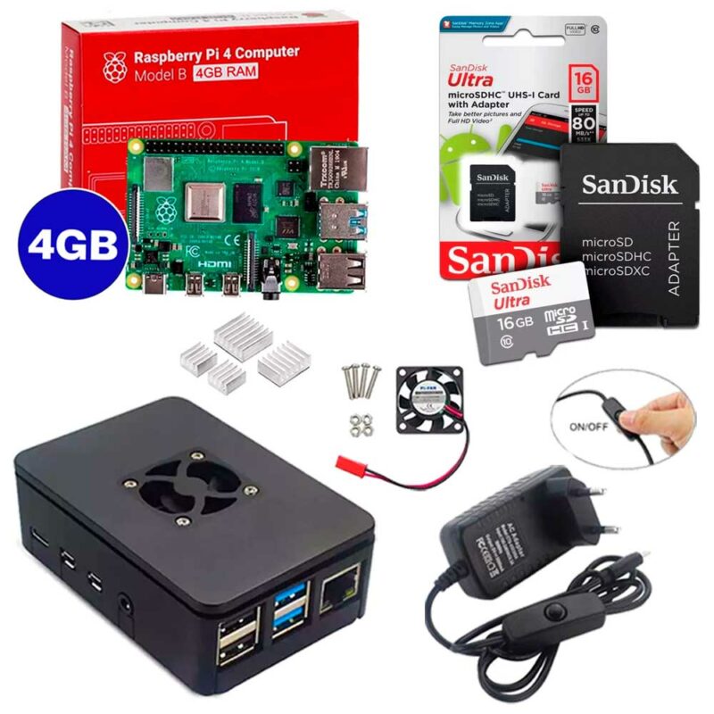 Kit Raspberry Pi 4 8GB c/ Case, Cooler, Fonte, Dissipadores + 16GB