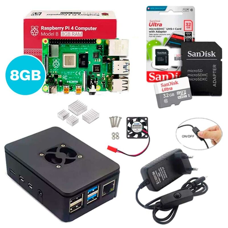 Kit Raspberry Pi 4 8GB c/ Case, Cooler, Fonte, Dissipadores + 32GB Kit Raspberry Pi 4 8GB c/ Case, Cooler, Fonte, Dissipadores + 32GB