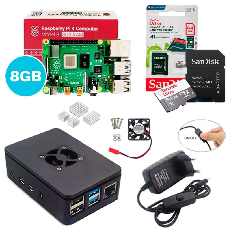 Kit Raspberry Pi 4 8GB c/ Case, Cooler, Fonte, Dissipadores + 64GB