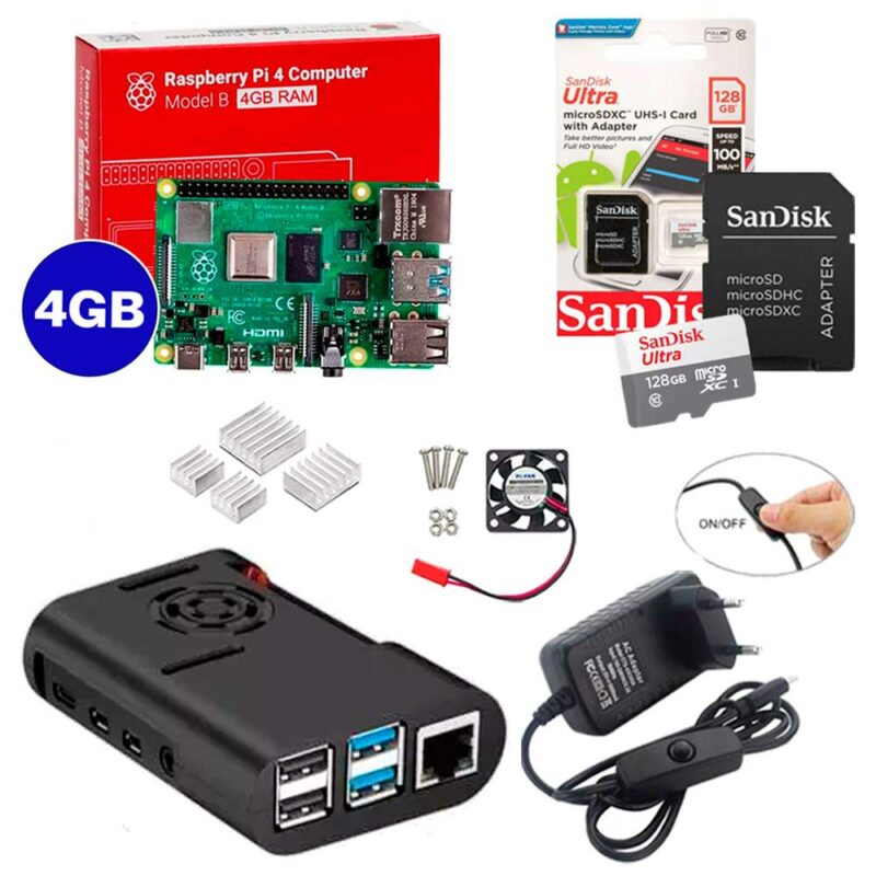 Kit Raspberry Pi 4 8GB c/ Case, Cooler, Fonte, Dissipadores + 128GB