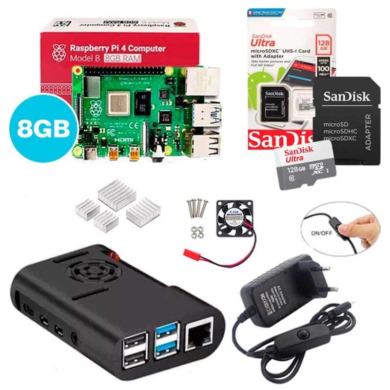 Kit Raspberry Pi 4 8GB c/ Case, Cooler, Fonte, Dissipadores + 128GB