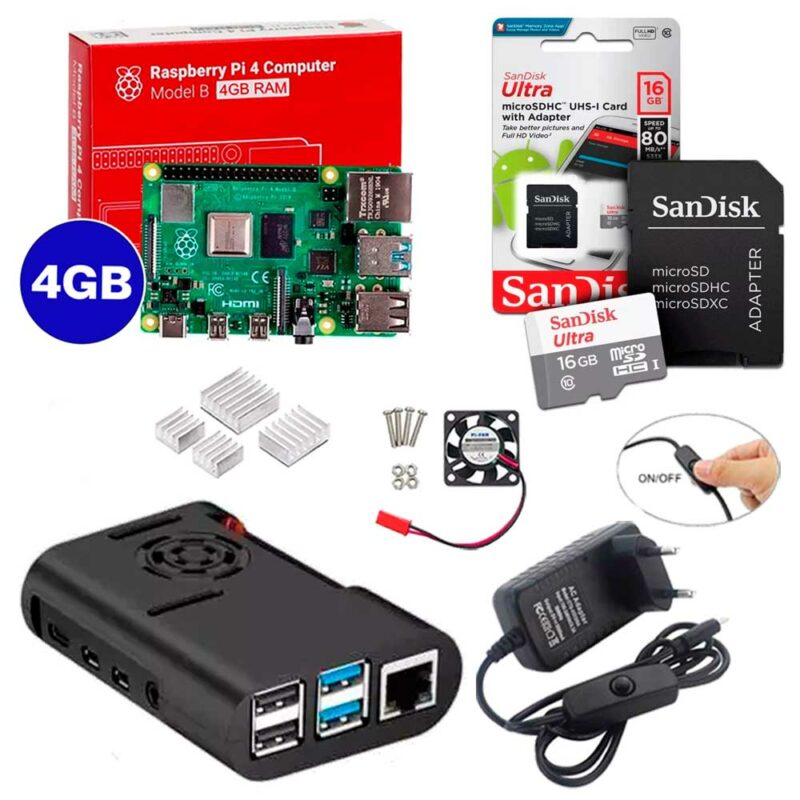 Kit Raspberry Pi 4 8GB c/ Case, Cooler, Fonte, Dissipadores + 16GB