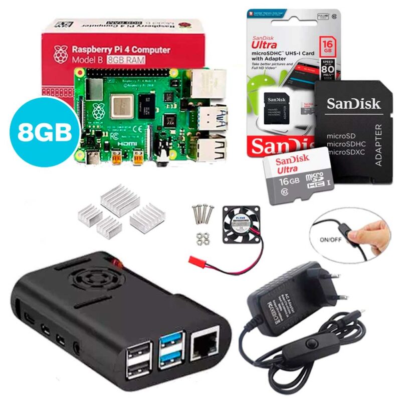 Kit Raspberry Pi 4 8GB c/ Case, Cooler, Fonte, Dissipadores + 16GB Kit Raspberry Pi 4 8GB c/ Case, Cooler, Fonte, Dissipadores + 16GB