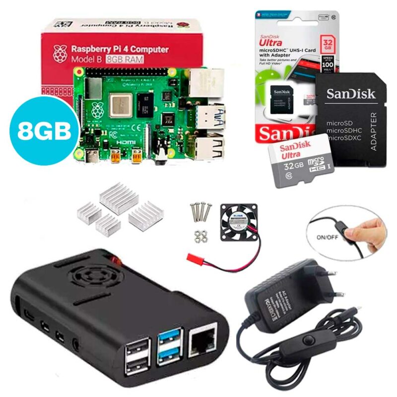 Kit Raspberry Pi 4 8GB c/ Case, Cooler, Fonte, Dissipadores + 32GB