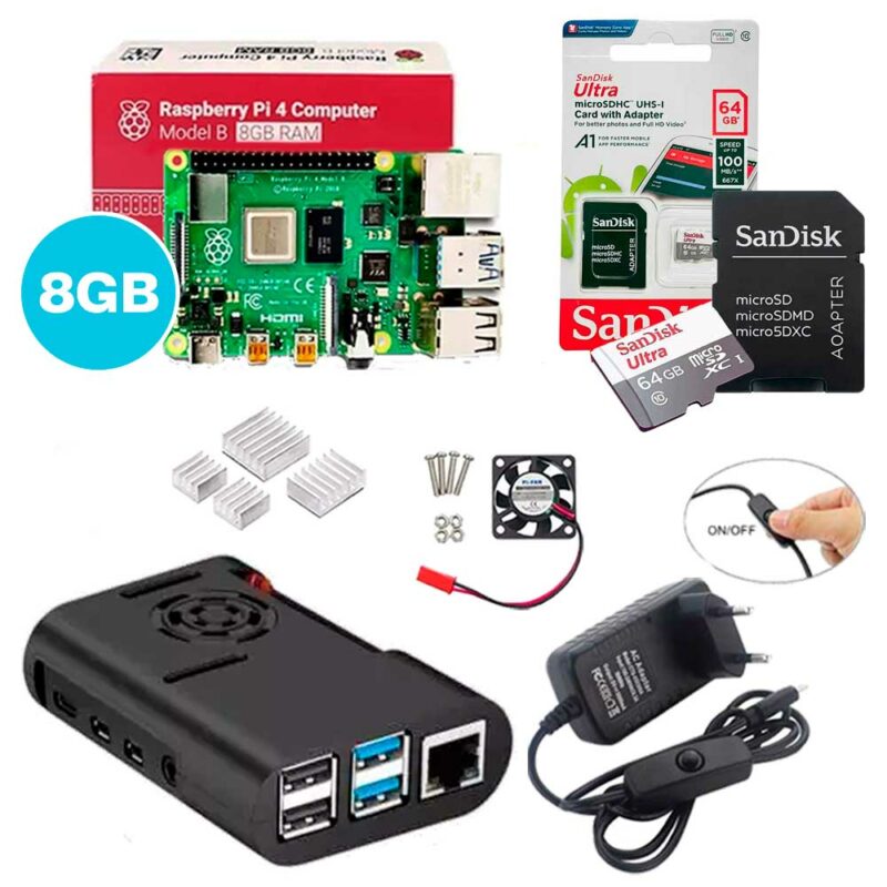 Kit Raspberry Pi 4 8GB c/ Case, Cooler, Fonte, Dissipadores + 64GB