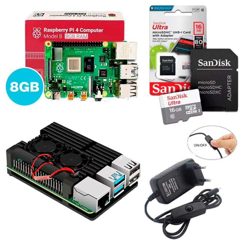 Kit Raspberry Pi 4 8GB c/ Case de Alumínio c/ Duplo Cooler Fan, Fonte + 16GB