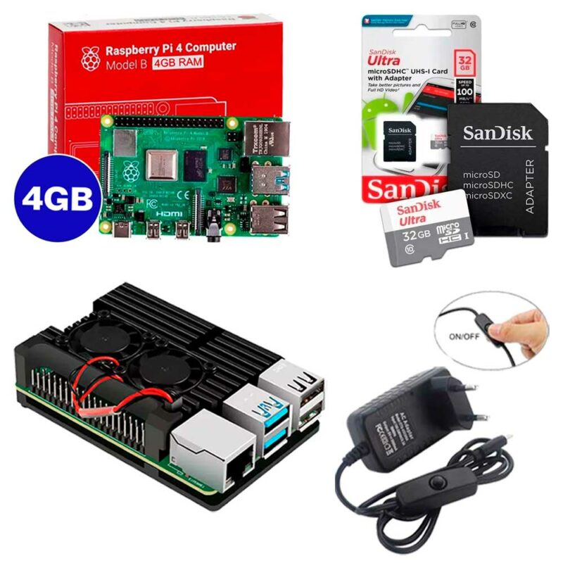 Kit Raspberry Pi 4 4GB c/ Case de Alumínio c/ Duplo Cooler Fan, Fonte + 32GB Kit Raspberry Pi 4 4GB c/ Case de Alumínio c/ Duplo Cooler Fan, Fonte + 32GB