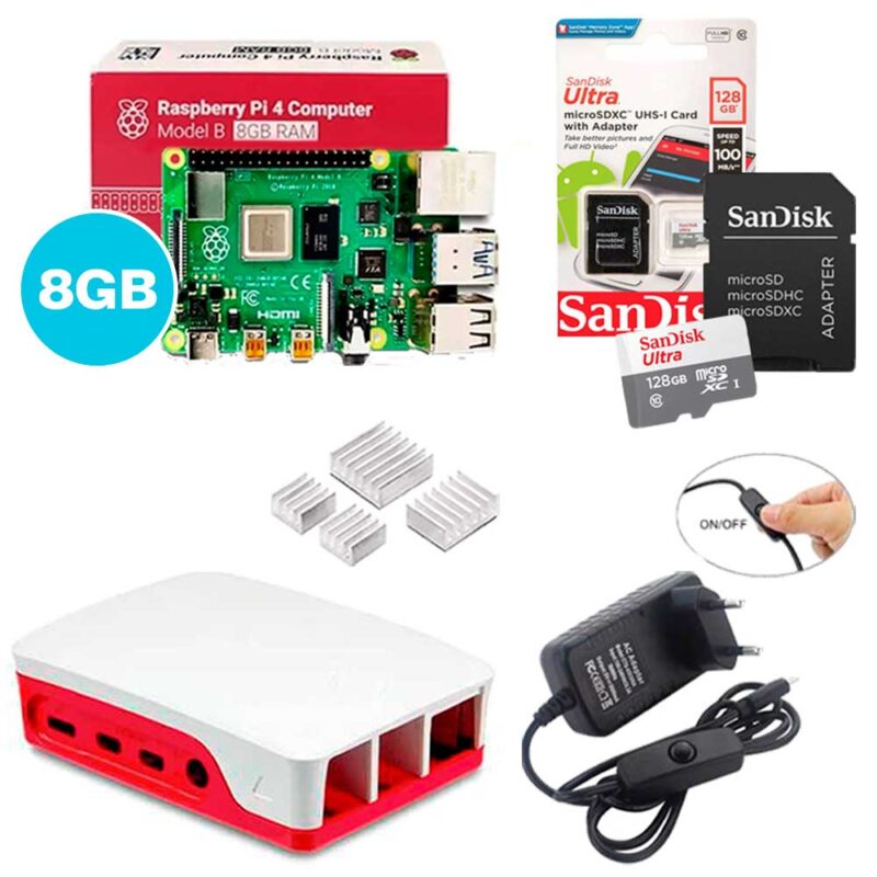 Kit Raspberry Pi 4 8GB c/ Case, Fonte, Dissipadores + 128GB