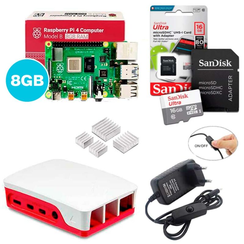 Kit Raspberry Pi 4 8GB c/ Case, Fonte, Dissipadores + 16GB