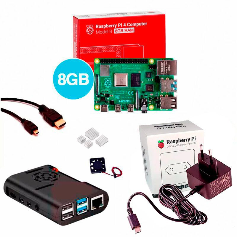 Kit Raspberry Pi 4 8GB c/ Case, Cooler, Fonte Oficial e Dissipadores na ...