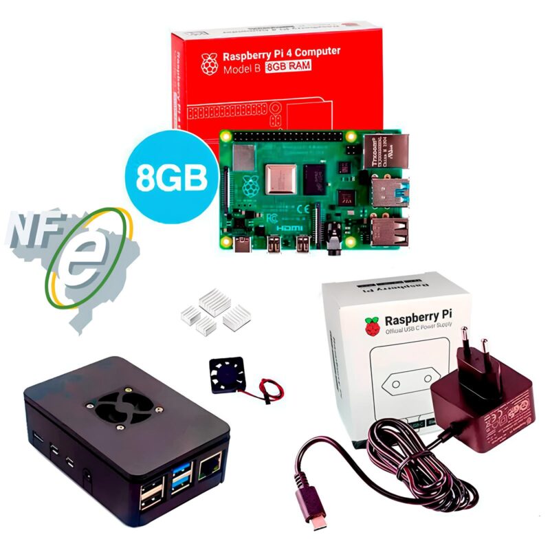 Kit Raspberry Pi 4 8GB c/ Case, Cooler, Fonte Oficial e Dissipadores Kit Raspberry Pi 4 8GB c/ Case, Cooler, Fonte Oficial e Dissipadores