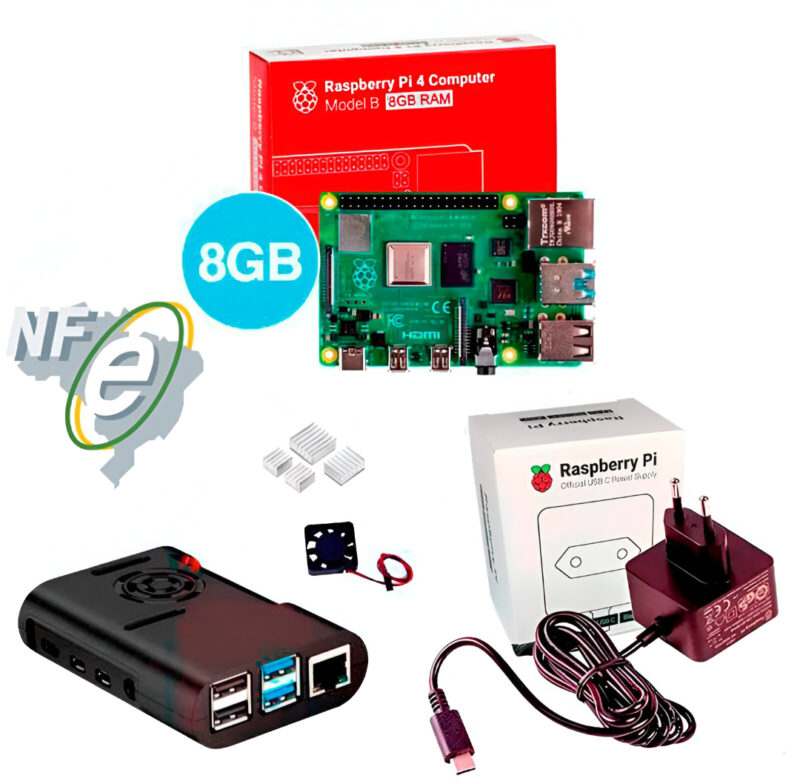 Kit Raspberry Pi 4 8GB c/ Case, Cooler, Fonte Oficial e Dissipadores Kit Raspberry Pi 4 8GB c/ Case, Cooler, Fonte Oficial e Dissipadores