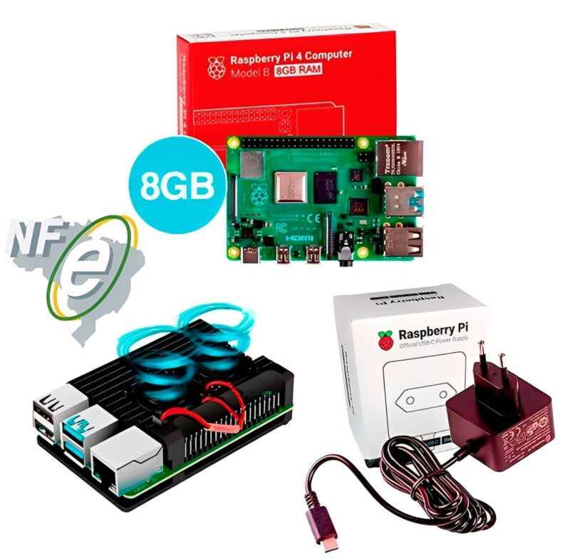 Kit Raspberry Pi 4 8GB c/ Case Alumínio c/ Duplo Cooler Fan e Fonte Oficial Kit Raspberry Pi 4 8GB c/ Case Alumínio c/ Duplo Cooler Fan e Fonte Oficial