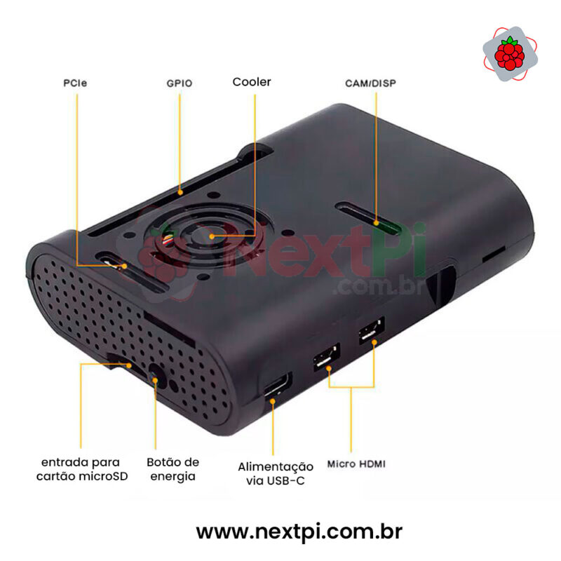 Case em ABS + Cooler Fan PWM e Dissipadores para Raspberry Pi 5