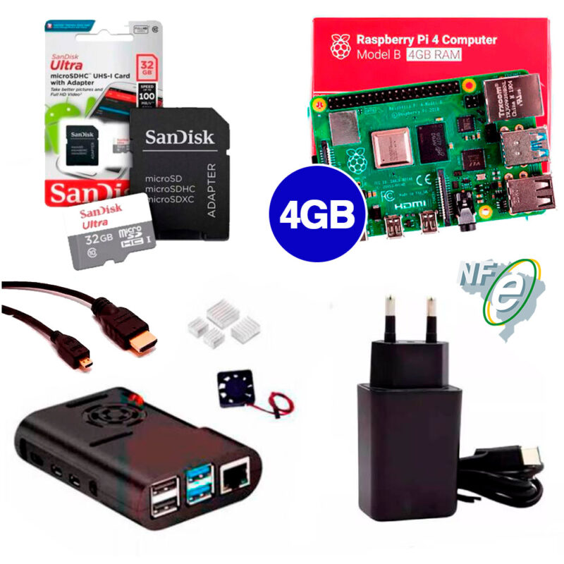 Kit Raspberry Pi 4 4GB c/ Case, Cooler, Fonte, Cabo Micro HDMI + 32GB