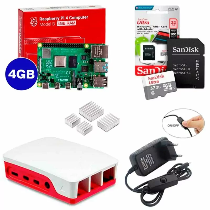 Kit Raspberry Pi 4 8GB c/ Case, Fonte, Dissipadores + 32GB