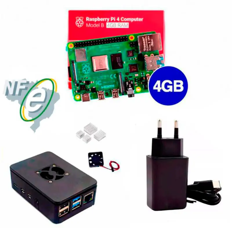 Kit Raspberry Pi 4 4GB c/ Case, Cooler, Fonte e Dissipadores