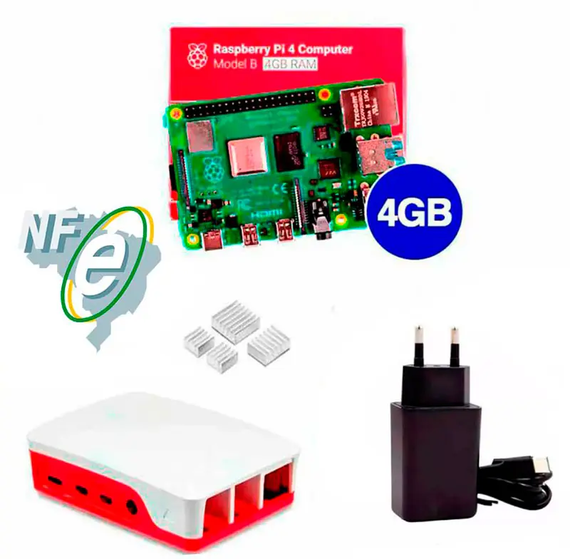 Kit Raspberry Pi 4 4GB c/ Case Oficial, Fonte e Dissipadores