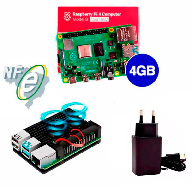Kit Raspberry Pi 4 4GB c/ Case Alumínio c/ Duplo Cooler Fan e Fonte